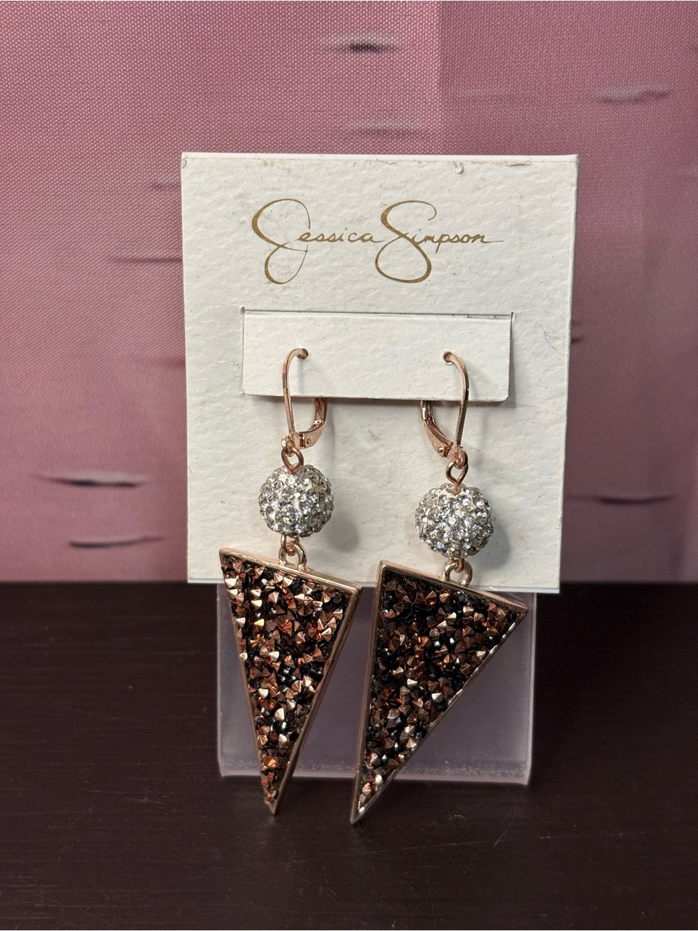 Jessica Simpson Rose Gold and Brown Crystal Triangle Drop Earrings. New